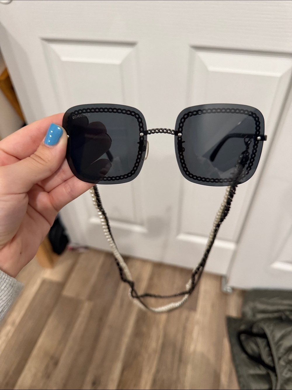 Chanel Black Square Sunglasses with Beaded Chain